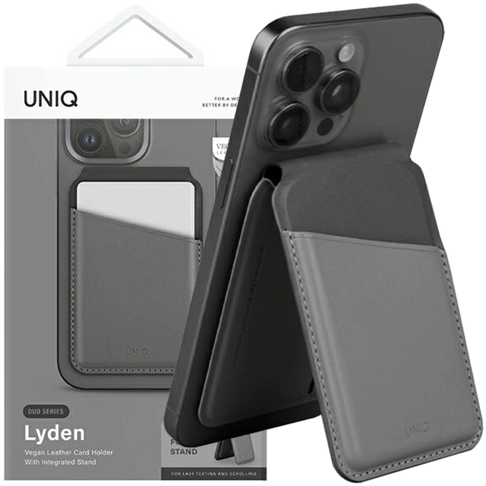 Portfel UNIQ Lyden DS magnetyczny RFID ze stojakiem na telefon - szaro-czarny