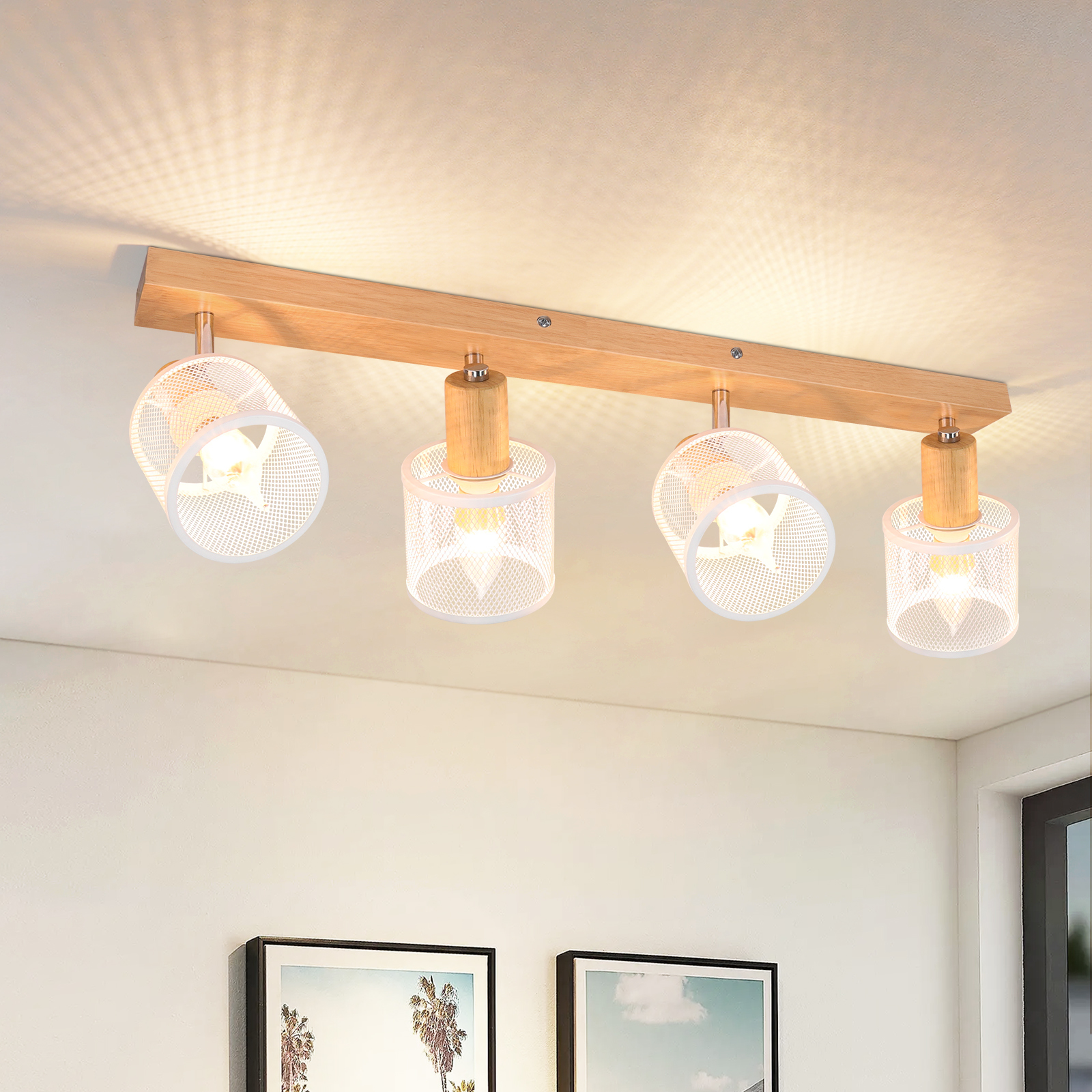 ZMH reflektor sufitowy 4 płomienie lampa sufitowa drewno LED vintage obrotowy E14 reflektor ścienny przedpokój salon sypialnia kuchnia jadalnia Oh