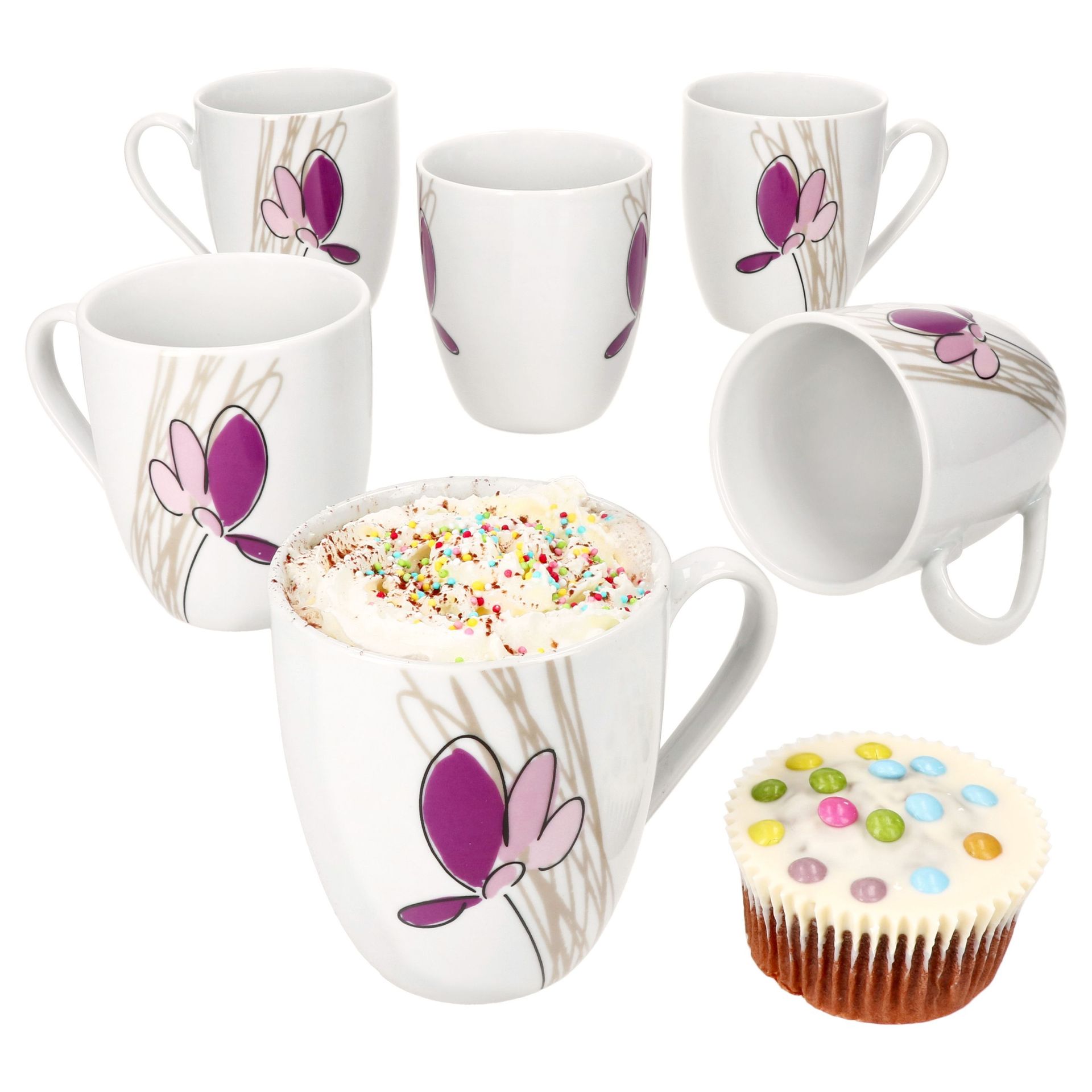 zestaw 6 kubków do kawy Viola 350ml kubki porcelanowe 6 osób kwiaty herbata kakao