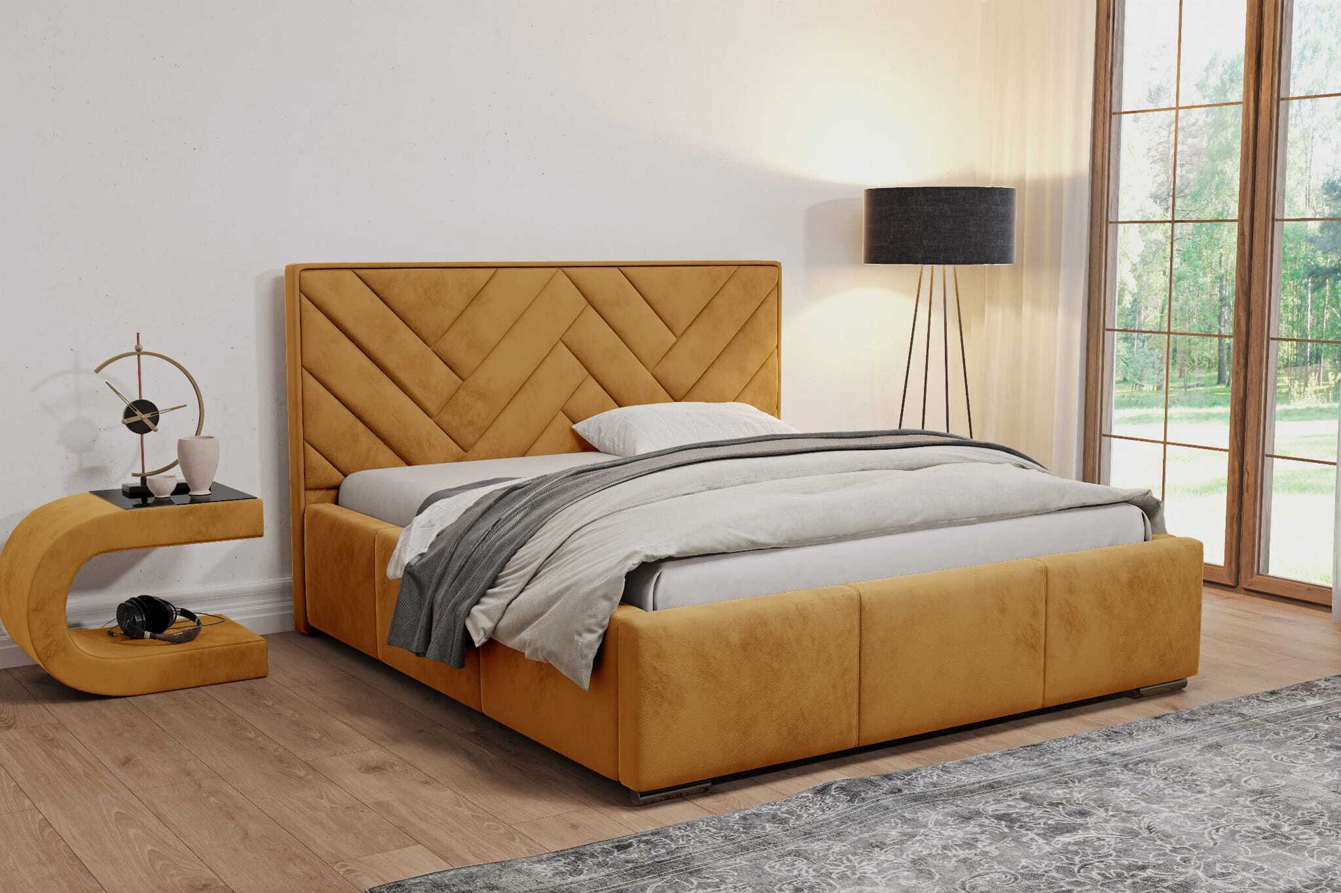 Łóżko tapicerowane AGMAT VENUS z zagłówkiem, 140 x 200 cm, łóżko podwójne z podstawą łóżka i metalową ramą z listew, tkanina welurowa: pomarańczowy