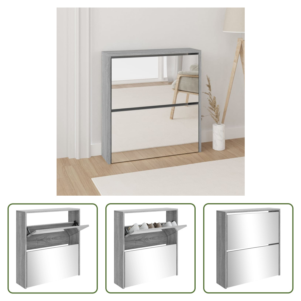 The Living Store Szafka na buty z lustrem 2 przegrody Szara Sonoma 63x17x67 cm