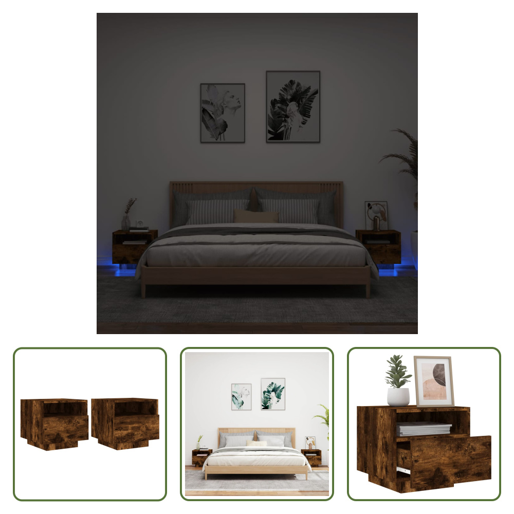 The Living Store Szafki nocne z oświetleniem LED 2 szt. Dąb wędzony 40x39x37 cm