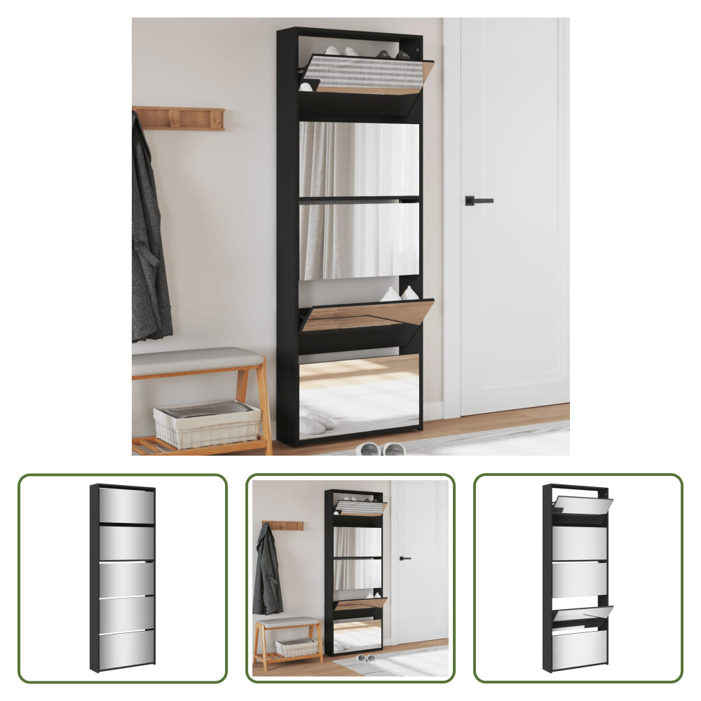 The Living Store Szafka na buty z lustrem 5 przegród Czarna 63x17x169,5 cm