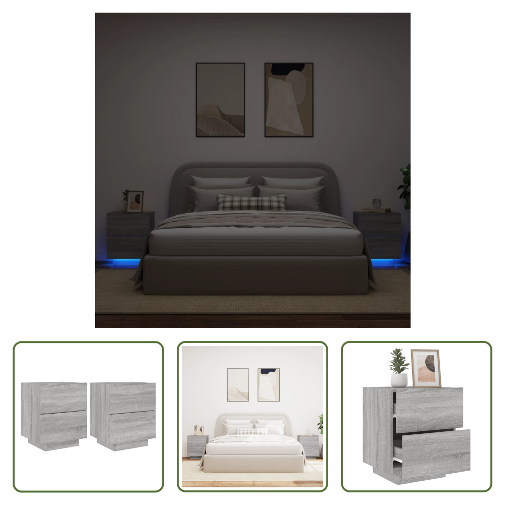 The Living Store Szafki nocne z oświetleniem LED 2 szt. Szary materiał drewnopochodny Sonoma