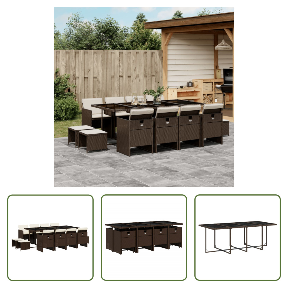 The Living Store 13-częściowy ogrodowy zestaw jadalniany z poduszkami z brązowego polirattanu
