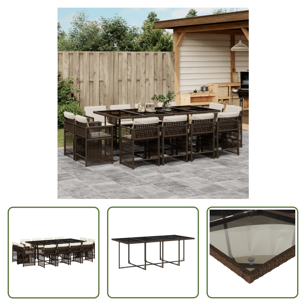 The Living Store 13-częściowy ogrodowy zestaw jadalniany z poduszkami z brązowego polirattanu