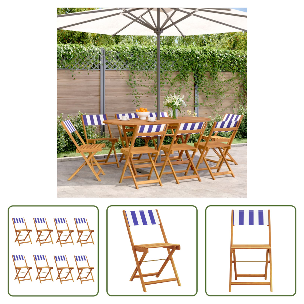 The Living Store Krzesła ogrodowe 8 szt. Składane, niebiesko-białe, z tkaniny i litego drewna