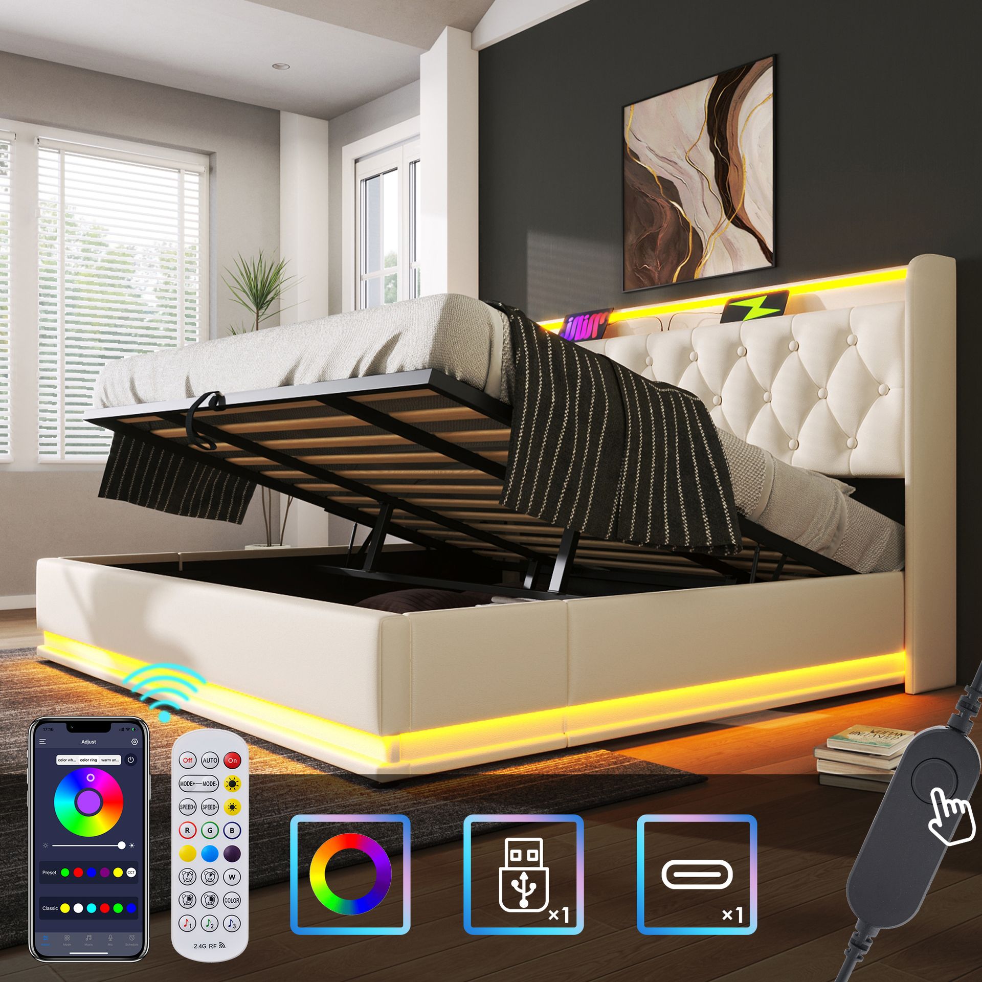 Łóżko tapicerowane Flieks 180x200cm z funkcją ładowania (USB&Typ-c), łóżko młodzieżowe podwójne łóżko do przechowywania z LED, łóżko na sprężynach hydraulicznych, PU, białe