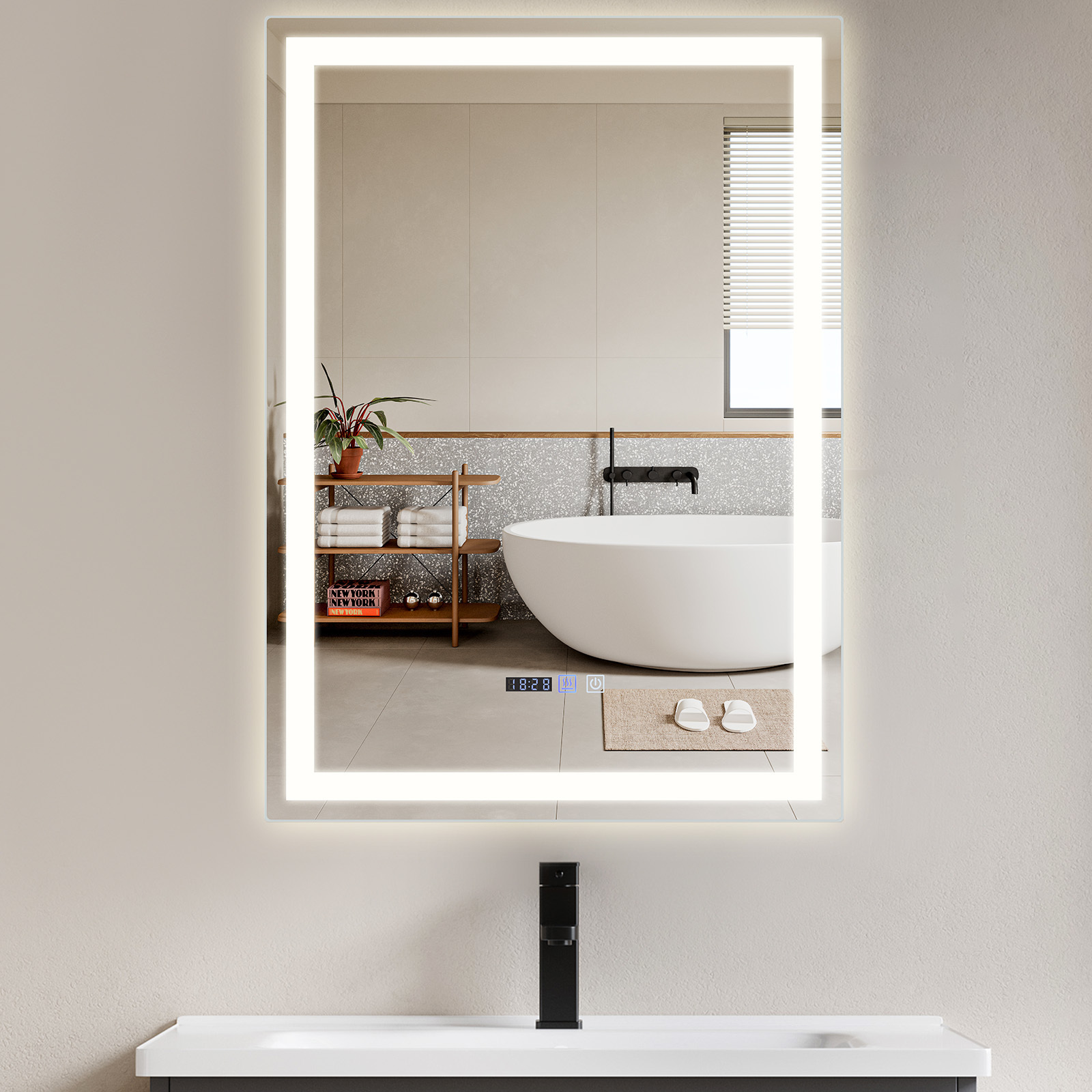 ZMH Mirror Lustro łazienkowe z oświetleniem LED 50x70cm Lustro ścienne IP44 z przełącznikiem dotykowym i zegarem Funkcja odmgławiania Lustro z możliwością ściemniania 3000K-6500K