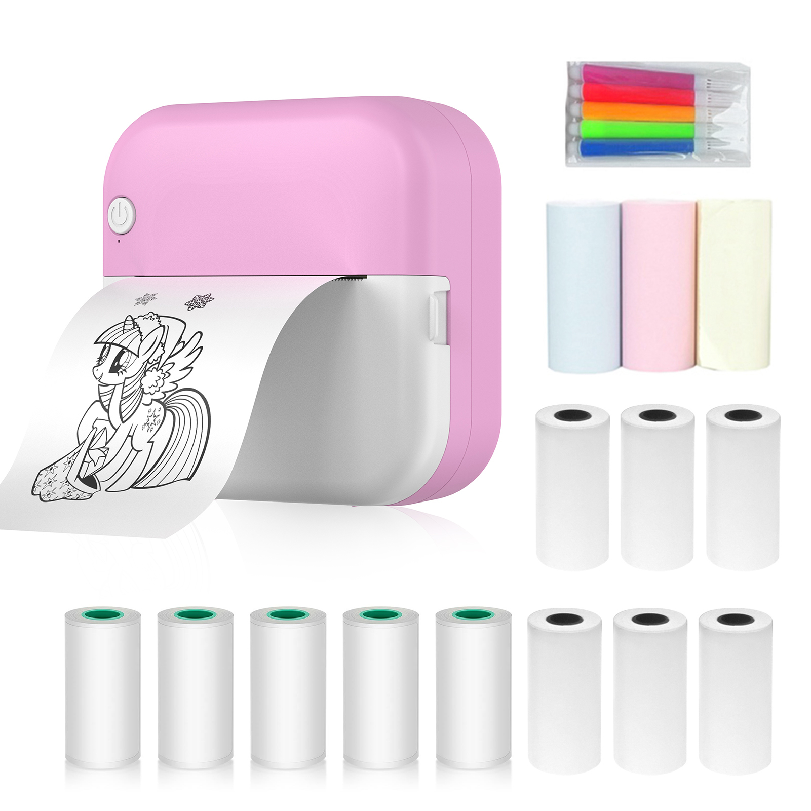 Mini drukarka termiczna do naklejek, natychmiastowe drukowanie zdjęć przez Bluetooth, do smartfonów z 9 rolkami papieru + 5 samoprzylepnych rolek papieru + 6 kolorowych markerów