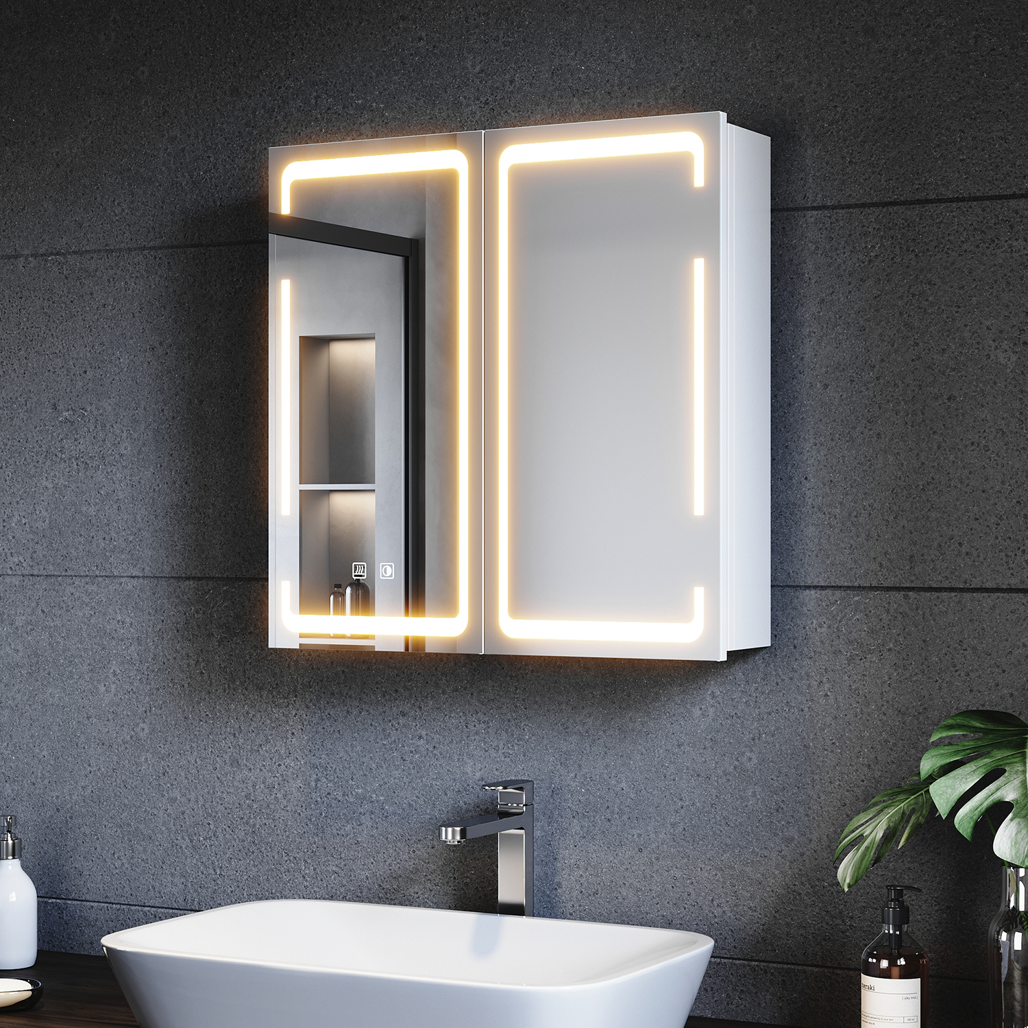 SONNI Metalowa szafka lustrzana z oświetleniem LED 59x60x14 cm, Ściemnialny przełącznik dwudotykowy, 2 drzwi, Bezprzewodowa konstrukcja zawiasów, Szafka ścienna, Szafka łazienkowa