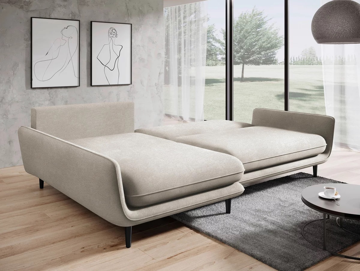 DOMO-HOME Narożnik z funkcją spania SOLANO - Elegancki skandynawski narożnik 260x167cm| Skrzynia na pościel i drewniane nóżki dla wygody i stylu Wysokiej jakości materiały Kolor biały Lewy