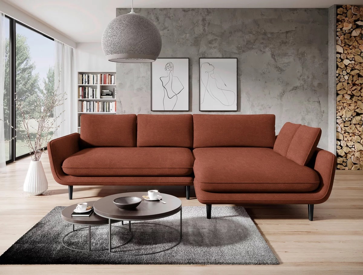 DOMO-HOME Narożnik z funkcją spania SOLANO - Elegancki skandynawski narożnik 260x167cm| Skrzynia na pościel i drewniane nóżki dla wygody i stylu Wysokiej jakości materiały Kolor czerwony Prawo