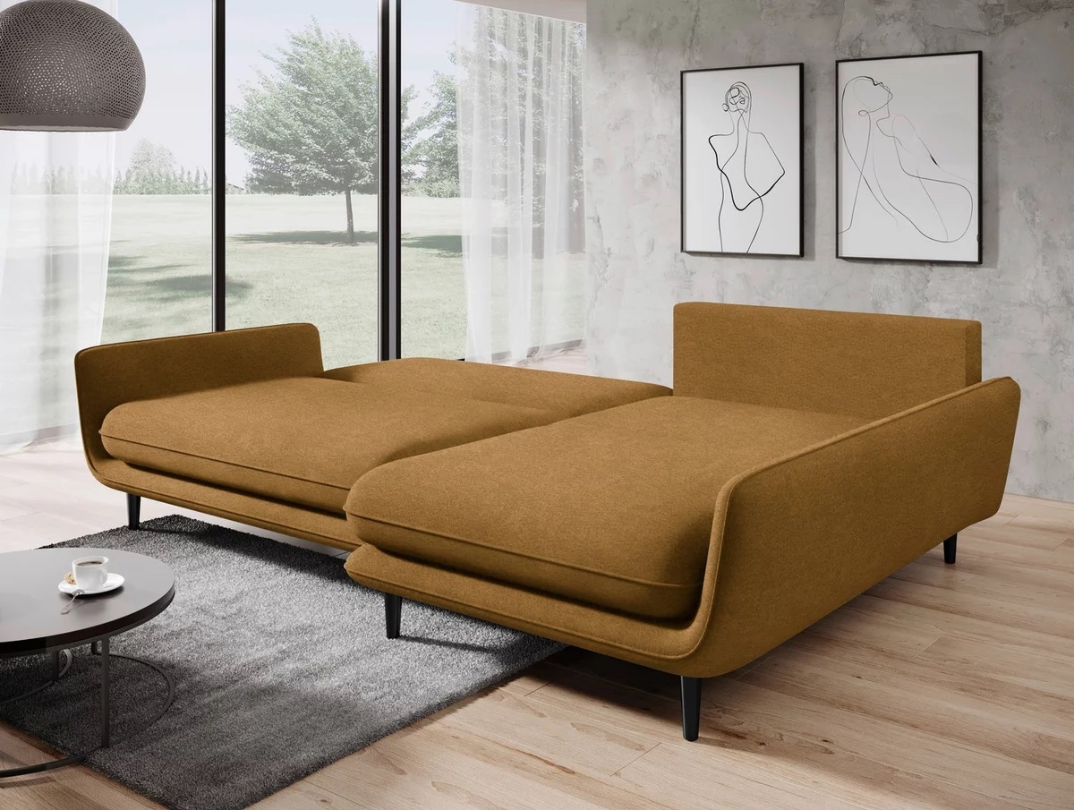 DOMO-HOME Narożnik z funkcją spania SOLANO - Elegancki skandynawski narożnik 260x167cm| Skrzynia na pościel i drewniane nóżki dla wygody i stylu Wysokiej jakości materiały Kolor brązowy Prawo