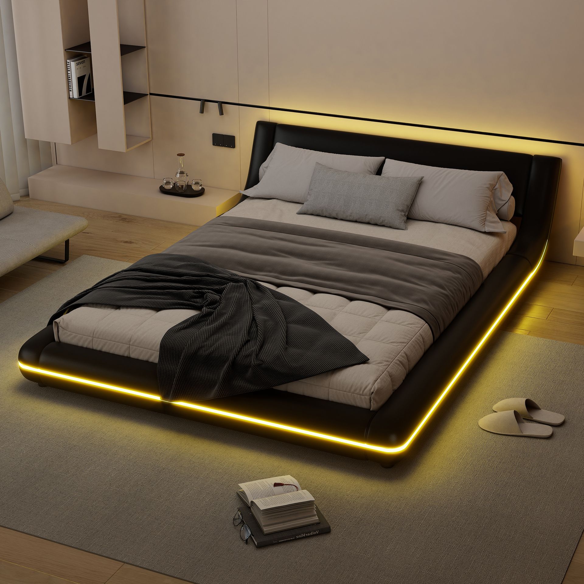 Łóżko tapicerowane Flieks 140x200cm z LED, podwójne łóżko młodzieżowe ze stelażem listwowym, klasyczne łóżko drewniane łóżko pływające łóżko podłogowe, PU, czarne