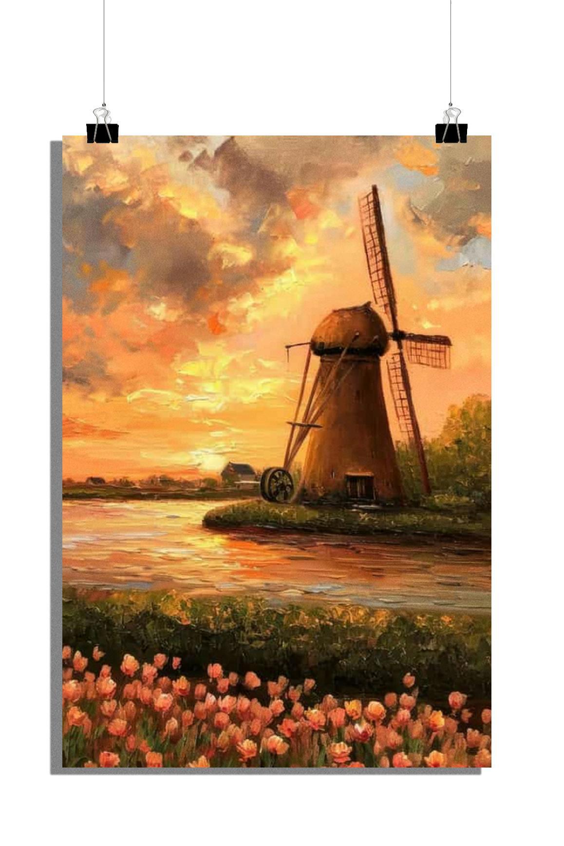Plakat Wiatraki - Plakat Natura - Plakat Zachód Słońca - Plakat Kwiaty - Plakat Malarski - 61x91cm - Idealny do oprawienia w ramę