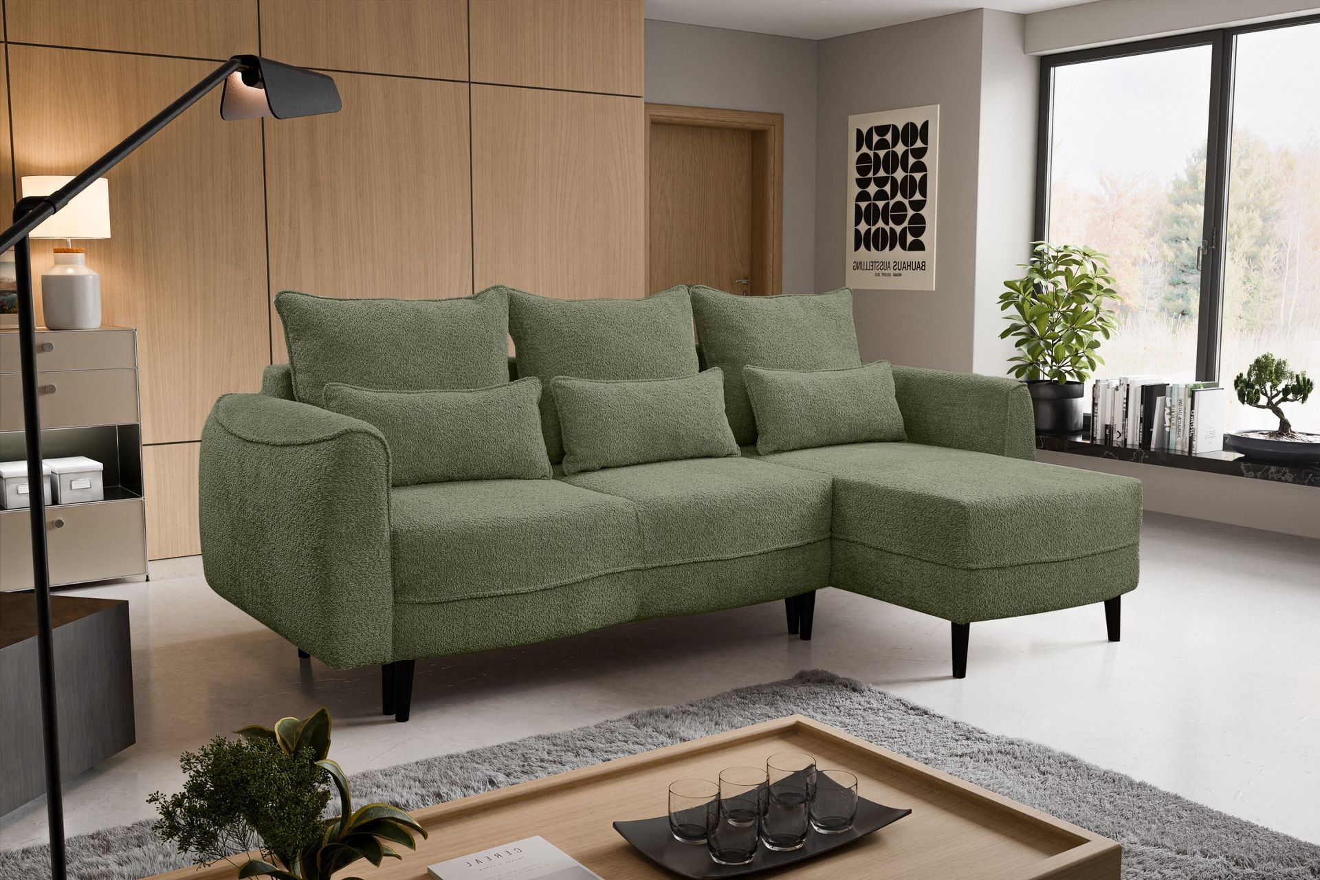 Selio narożnik z funkcją spania i pojemnikiem na pościel Oliwkowy Prawy