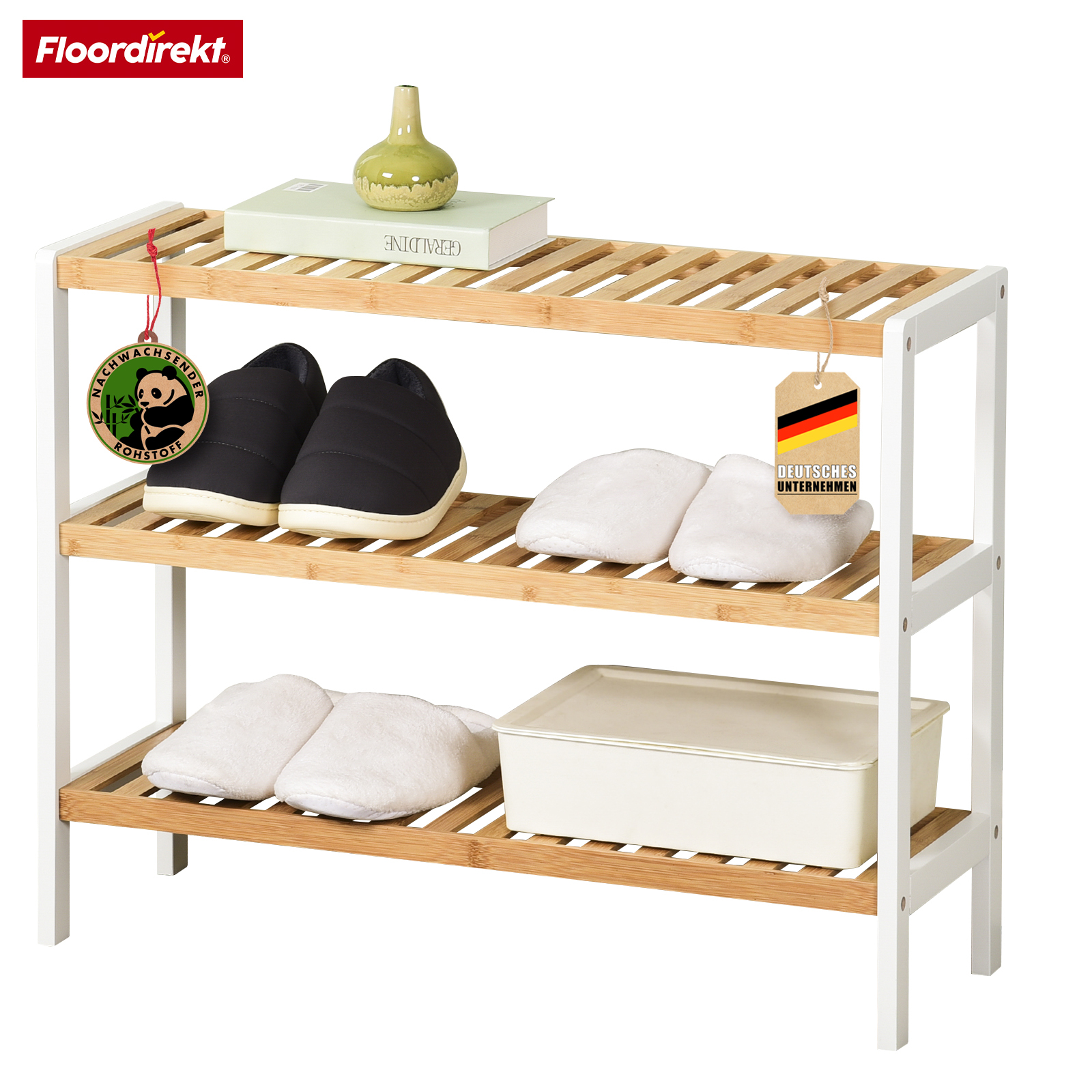 Bambusowy stojak na buty Michigan Stylowy, oszczędzający miejsce stojak z 3 półkami