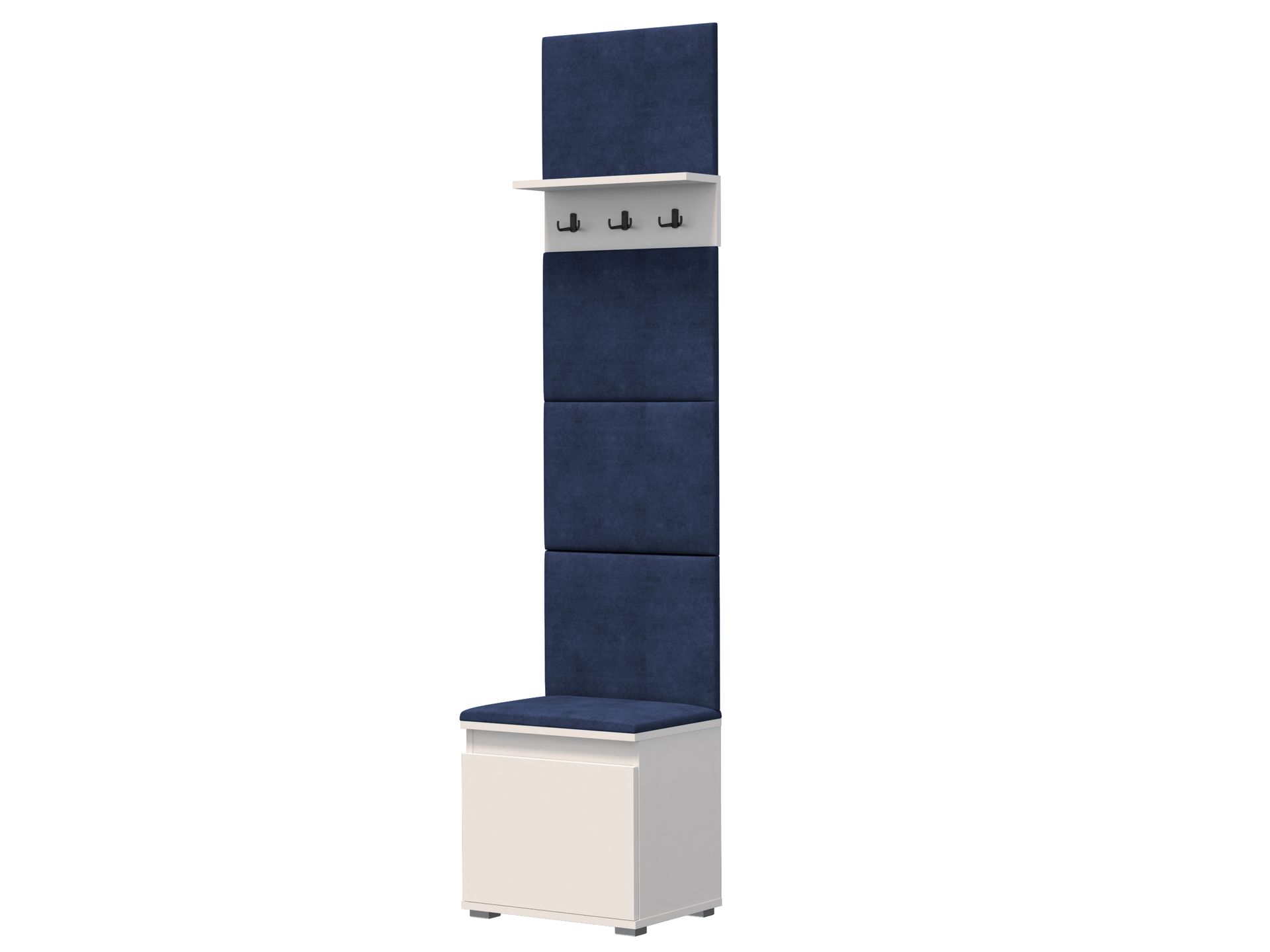 Meblowa1 szafka na buty z siedziskiem, panelami ściennymi, półką i 3 wieszakami, 4 panele ścienne, granatowe siedzisko, biały, 50x214x37 cm.