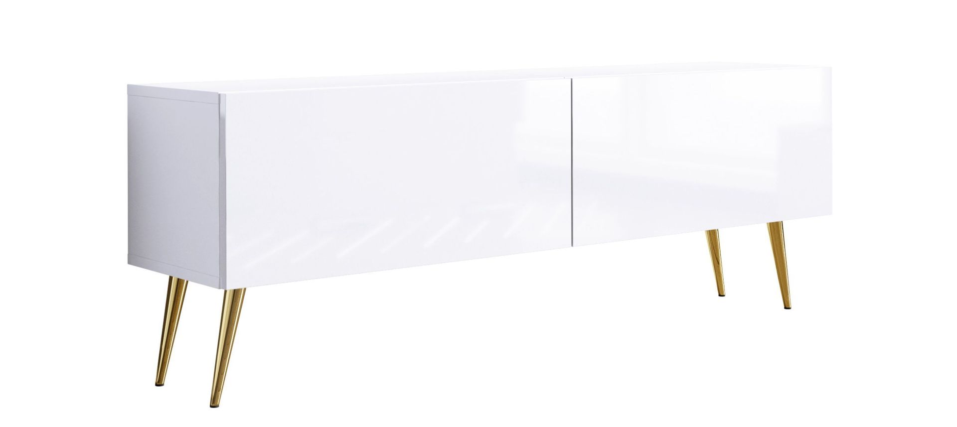 Szafka RTV: dwoje drzwi, dwie półki, kolor: biały matowy / biały błyszczący, złote nóżki, A: szer. 140 cm, wys. 52 cm, gł. 32 cm