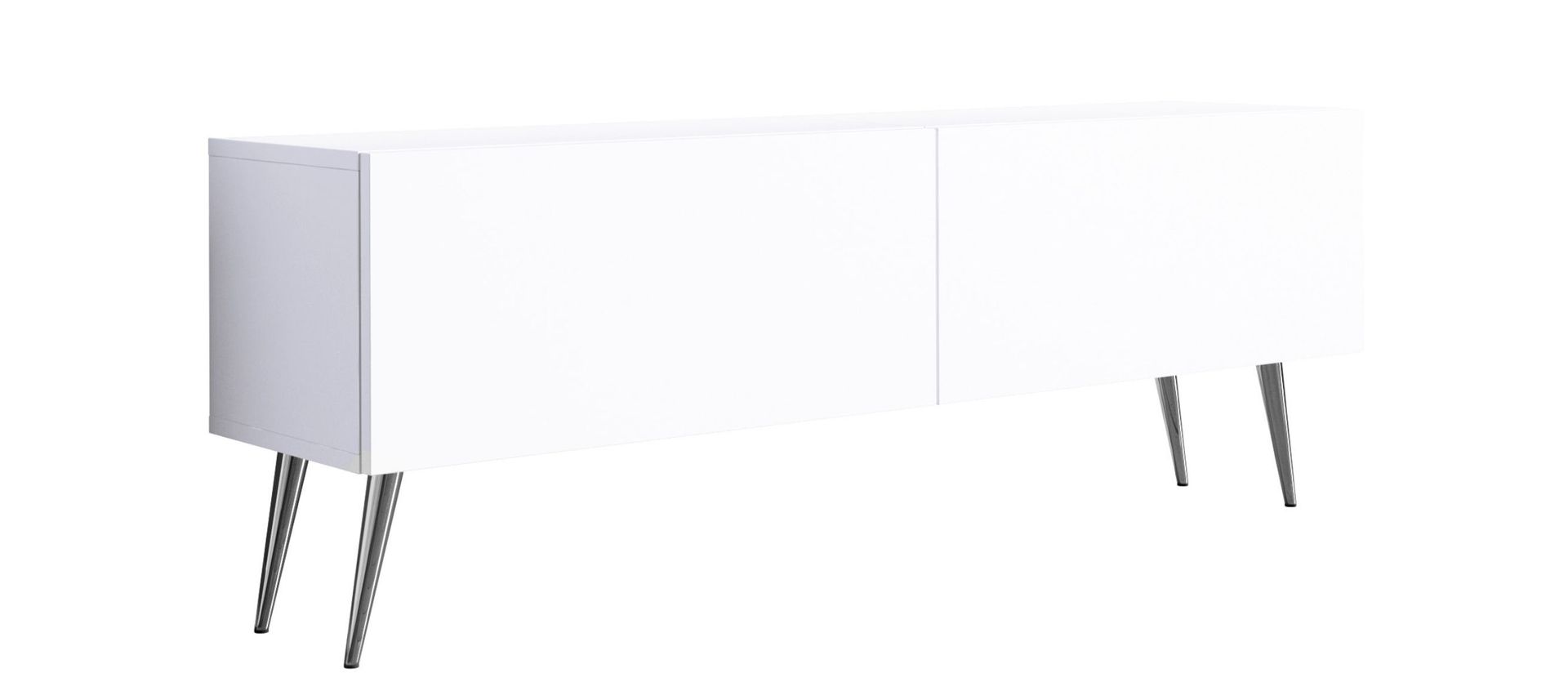 Szafka pod TV: dwoje drzwi, dwie półki, kolor: biały matowy, chromowane nóżki, A: szer. 140 cm, wys. 52 cm, gł. 32 cm
