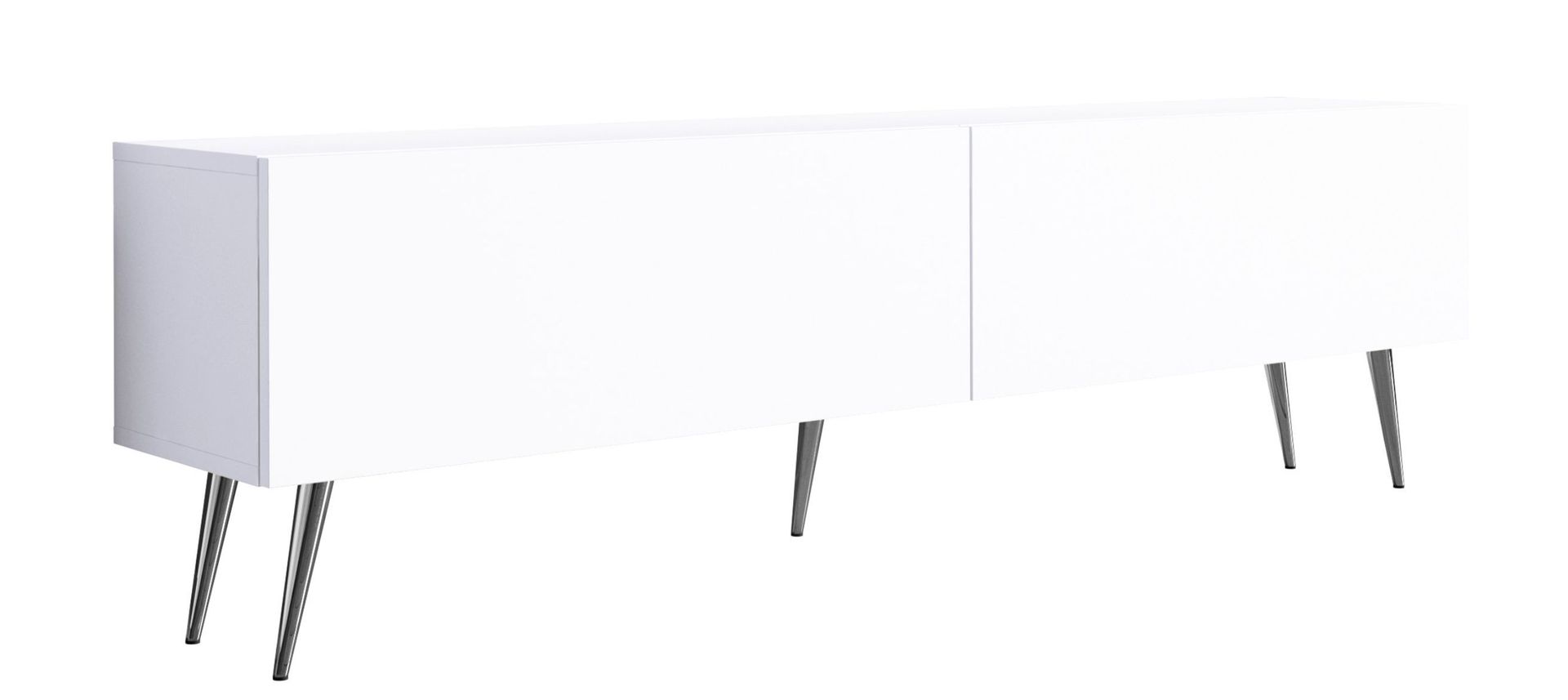 Szafka pod TV: dwoje drzwi, dwie półki, kolor: biały matowy, chromowane nóżki, A: szer. 170 cm, wys. 52 cm, gł. 32 cm