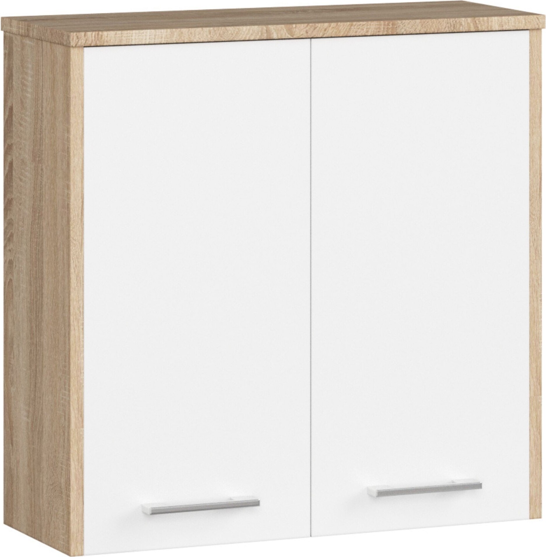 Szafka łazienkowa wisząca: dwoje drzwi, dwie półki, kolor: dąb sonoma biały, wymiary mebla: szer: 60 cm, wys: 60 cm, gł: 22,5 cm.