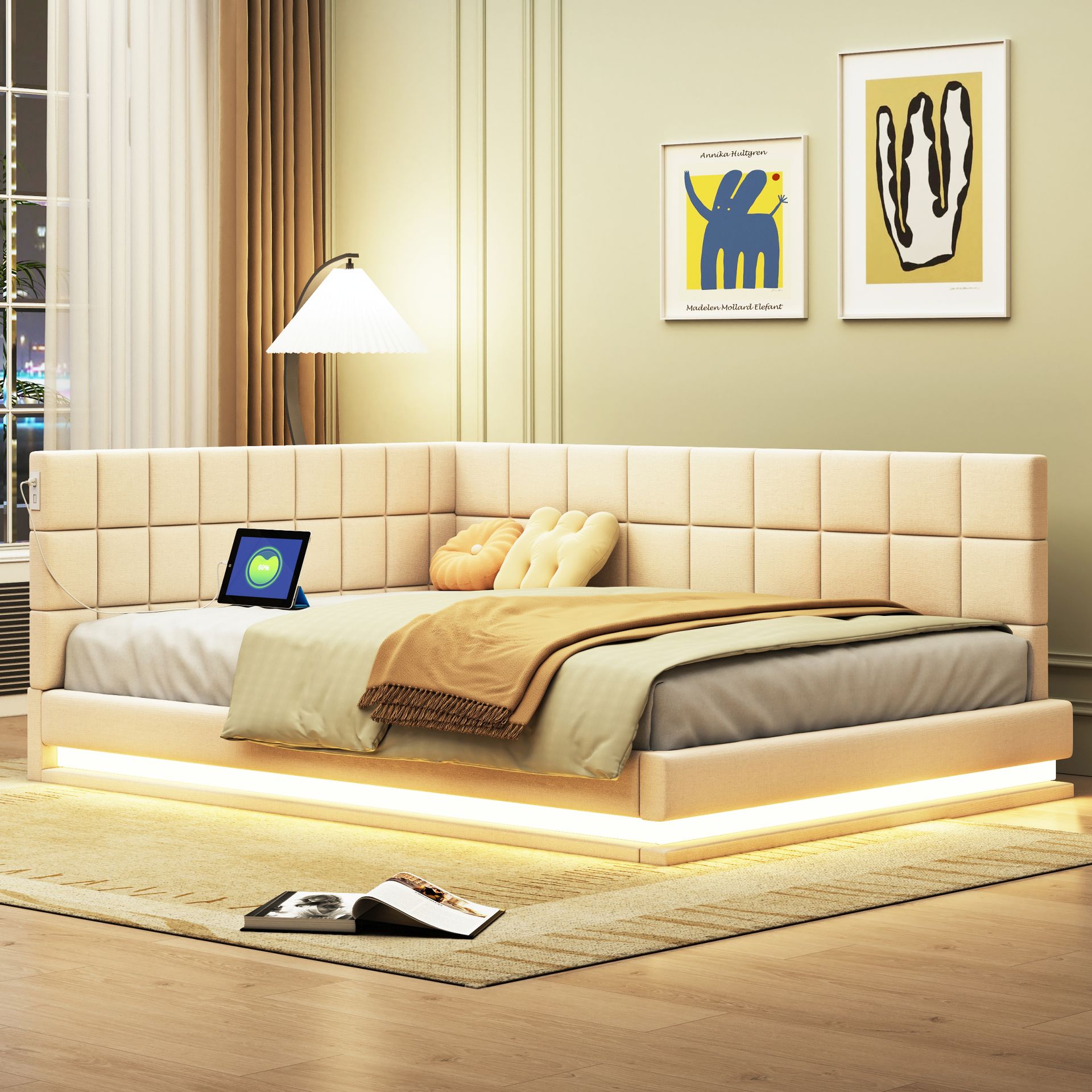 Łóżko tapicerowane Flieks 140x200cm z USB i LED, rozkładana sofa z ramą z listew, łóżko podwójne łóżko młodzieżowe łóżko gościnne łóżko dzienne łóżko funkcjonalne, aksamit, beżowy