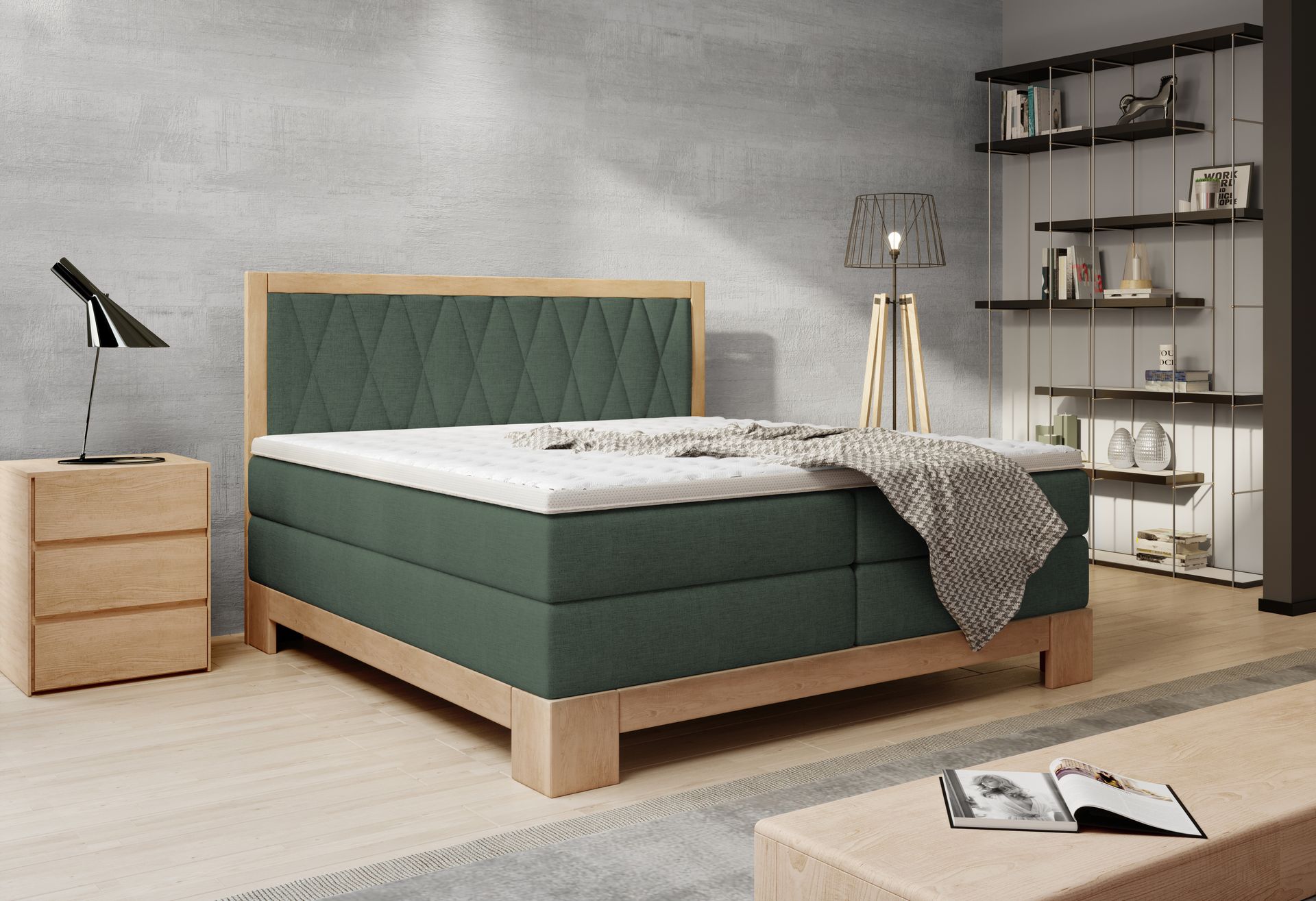 Łóżko kontynentalne do sypialni Skandynawskie łóżko sprężynowe 160x200cm w kolorze jasnego dębu Nowoczesny design Z ergonomicznym materacem i nakładką z zimnej pianki Kolor zielony