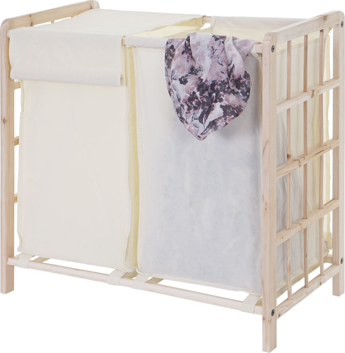 Kosz na pranie HWC-B60, Kosz na pranie z litego drewna, 2 komory 60x60x33cm 68l ~ jasnobrązowy, pokrywa kremowa