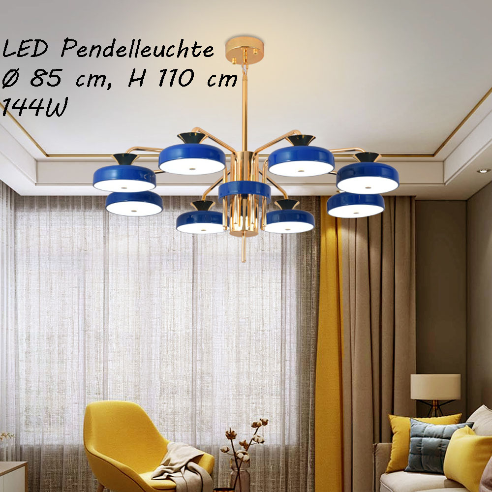 Lampa sufitowa LED XW816-8L z pilotem Regulacja barwy/jasności światła Akrylowy klosz Niebieska/złota lakierowana metalowa rama