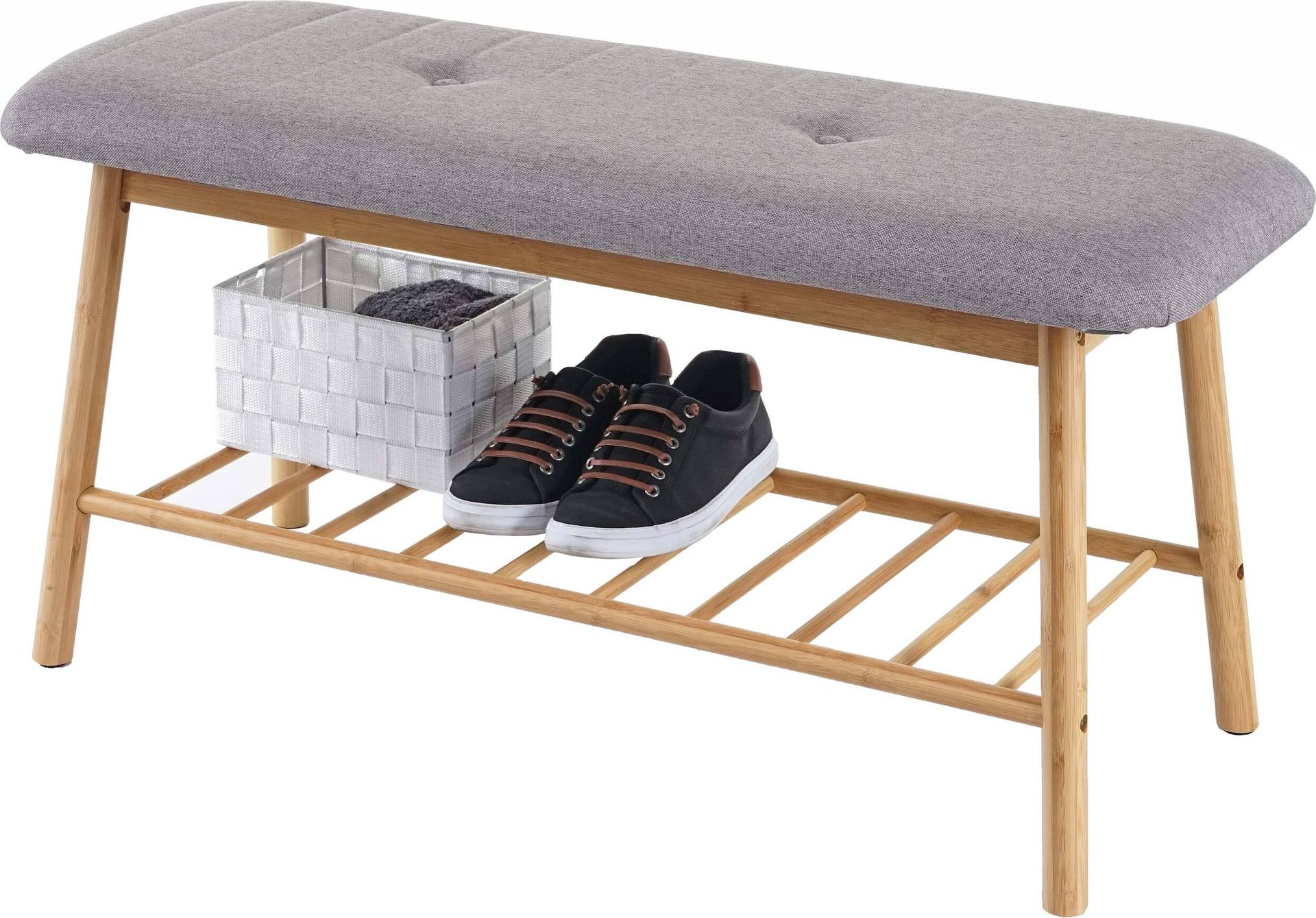 Ławka na buty HWC-D90, tapicerowana ławka na buty, bambus 44x90x34cm