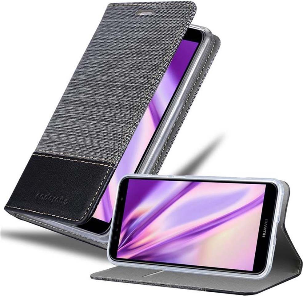 Etui Cadorabo do Huawei Y6 PRIME w kolorze GREY BLACK Etui na telefon komórkowy z magnetycznym zamknięciem, funkcją podstawki i miejscem na karty Etui Etui ochronne Etui z klapką w stylu książki
