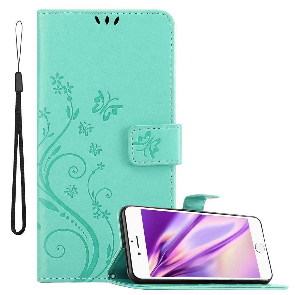 Etui Cadorabo do Apple iPhone 6 PLUS / iPhone 6S PLUS w kolorze FLORAL TURQUOISE Etui na telefon komórkowy w kwiatowy wzór z magnetycznym zapięciem, funkcją podstawki i 3 miejscami na karty Etui Pokrowiec Etui ochronne