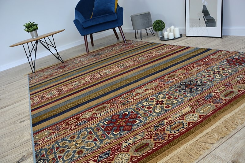 Dywan WINDSOR 22890 ETNIC FRĘDZLE niebieski bordo wielokolorowy 60x100 cm