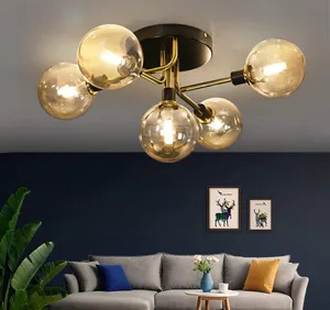 ZMH lampa sufitowa 5 płomieni ze szklaną kulą bursztynowa lampa sufitowa ciepłe białe gniazdo G9 żyrandol do sypialni salon