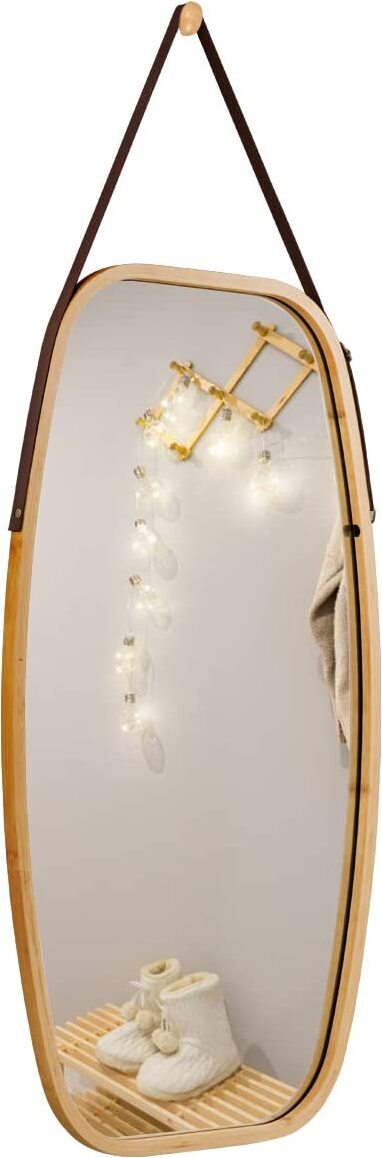Lustro jubilerskie COSTWAY z bambusową ramą i regulowanym skórzanym paskiem, wiszące lustro łazienkowe, lustro ścienne z zaokrąglonymi narożnikami do salonu, sypialni, strefy wejściowej S