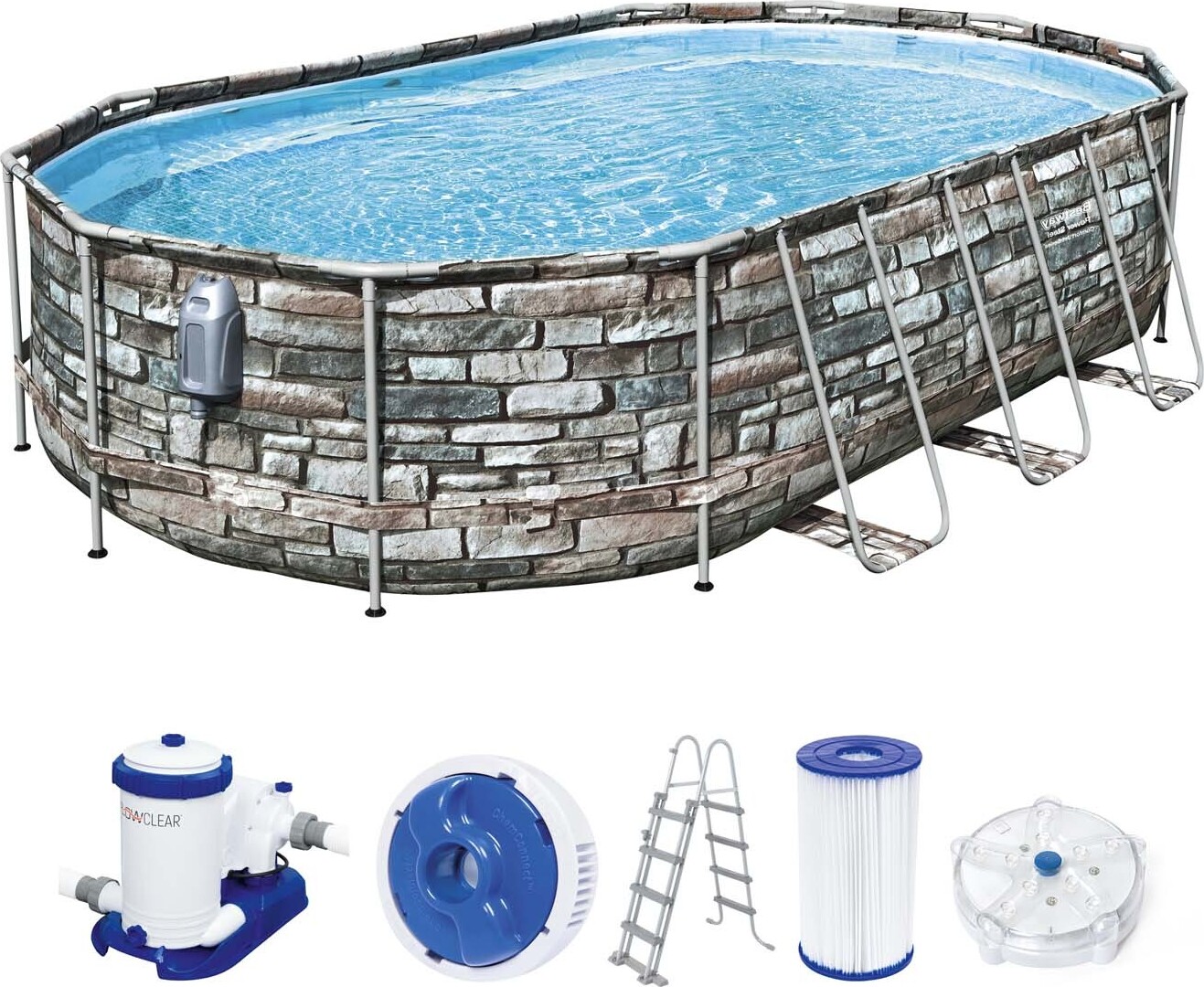Zestaw basenowy Bestway® Power Steel™ Comfort Jet Series™ Frame z pompą filtrującą 610 x 366 x 122 cm, wygląd ściany kamiennej (kamień naturalny), owalny