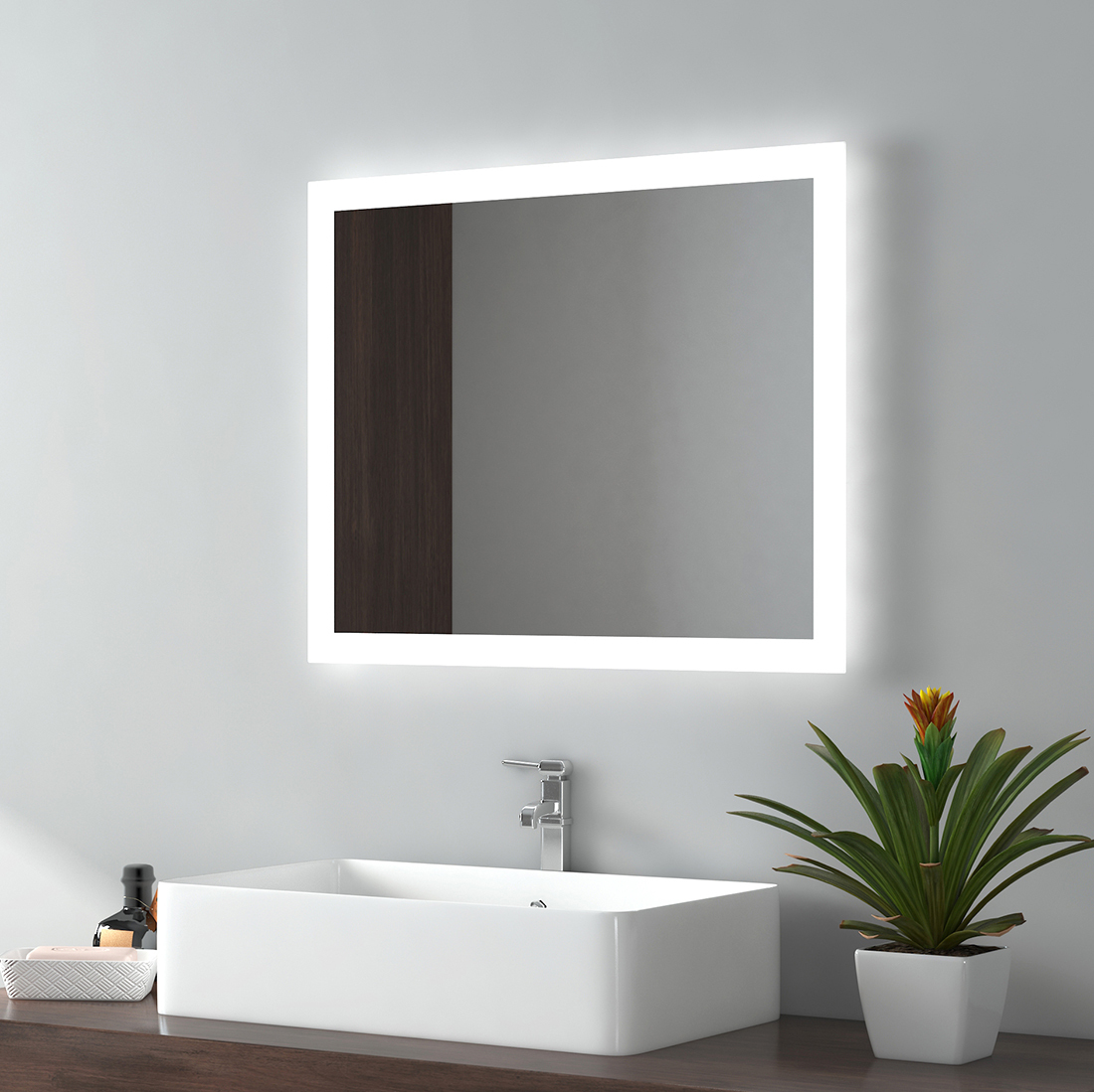 EMKE Lustro łazienkowe LED 50x60cm Lustro łazienkowe z oświetleniem 2 barwy światła 3000/6500K Lustro z oświetleniem Lustro ścienne z włącznikiem przyciskowym + antifog IP44 Energooszczędne