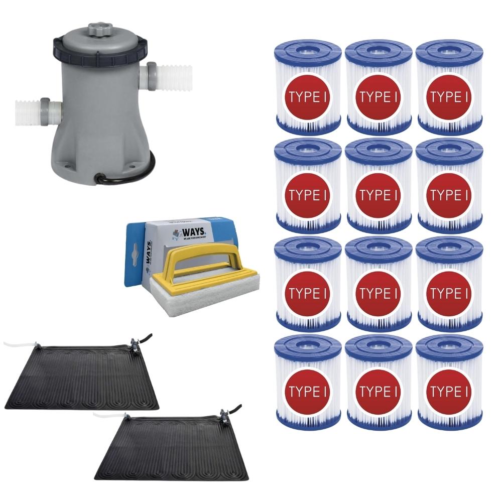 WAYS - Pielęgnacja basenu - 2x Solarmat & pompa filtrująca 1249 l/h & 12 filtrów typu I & szczotka szorująca WAYS