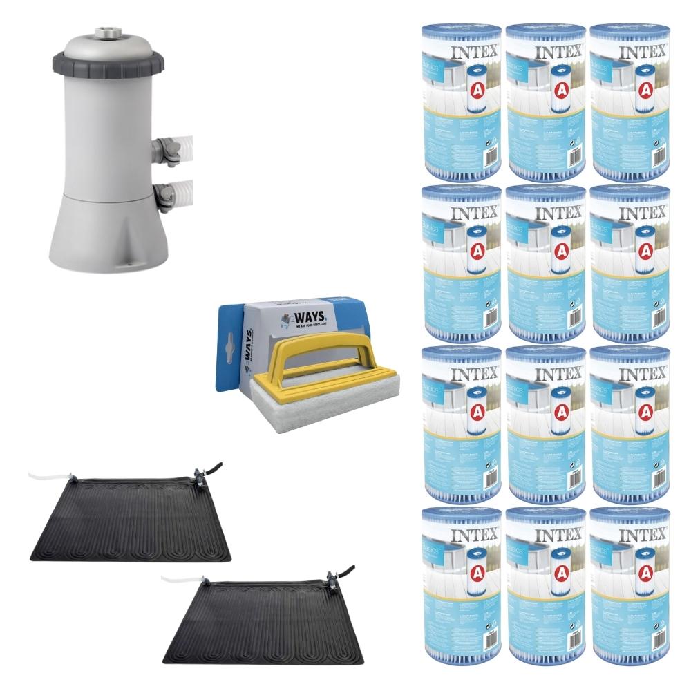 WAYS - Pielęgnacja basenu - 2x podgrzewacz basenu i pompa filtrująca 2271 l/u oraz 12 filtrów typu A i szczotka do szorowania WAYS