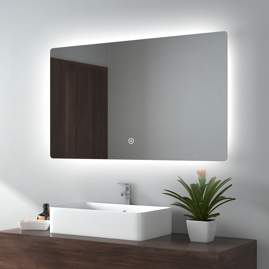 EMKE Lustro łazienkowe LED 100x60cm Lustro łazienkowe z oświetleniem zimna biel Podświetlane lustro ścienne z przełącznikiem dotykowym Lustro do makijażu IP44 Energooszczędne