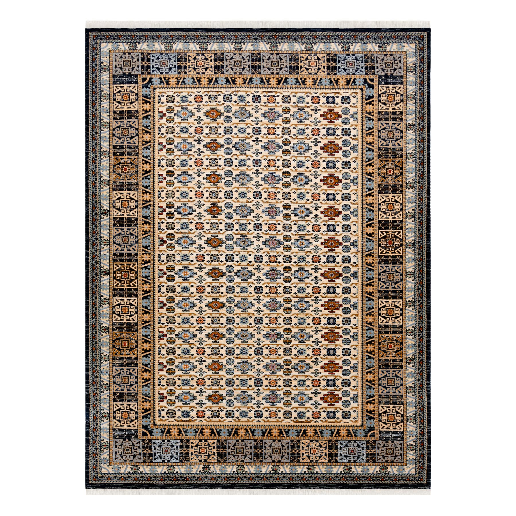 Dywan KESHAN Frędzle, Ramka orientalny 6428/53551 beż / granat wielokolorowy 200x290 cm