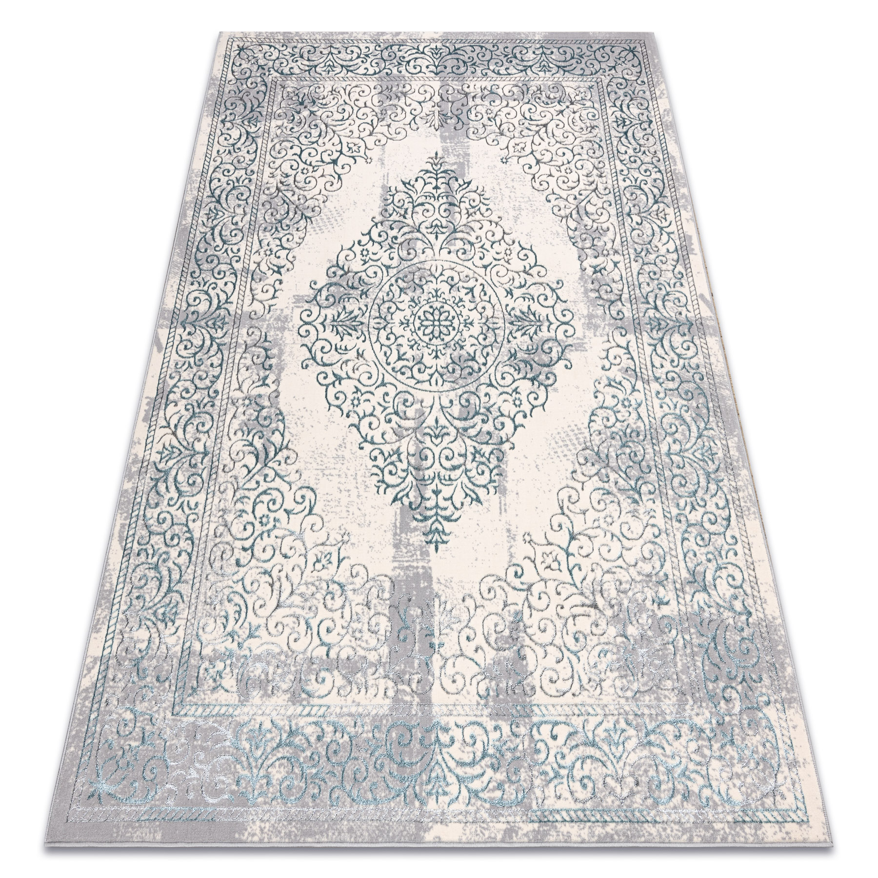 Dywan CORE W7161 Rozeta Vintage - Strukturalny, dwa poziomy runa, jasno / krem / szary niebieski 180x270 cm