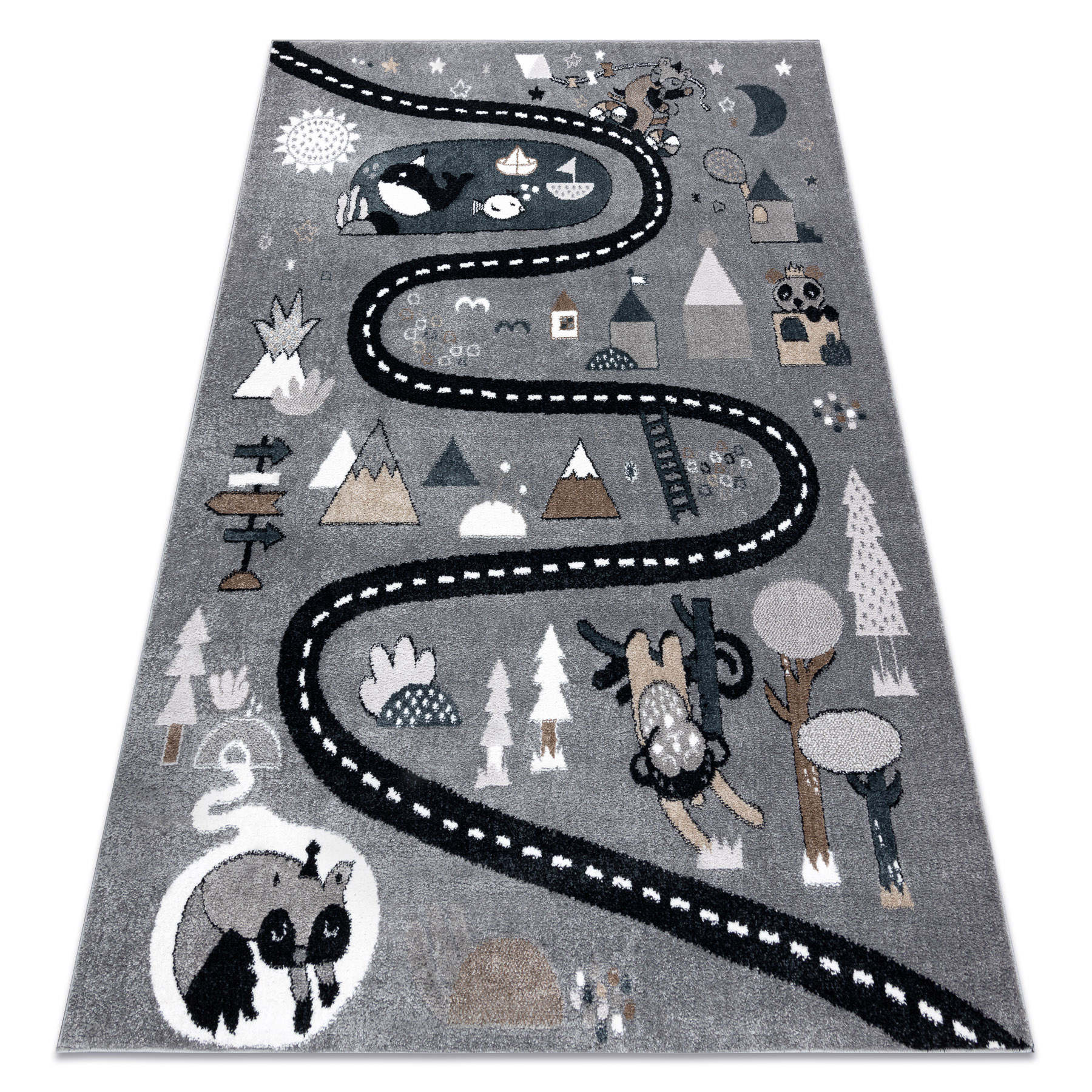 Dywan FUN Route dla dzieci, ulica, zwierzęta szary 240x330 cm