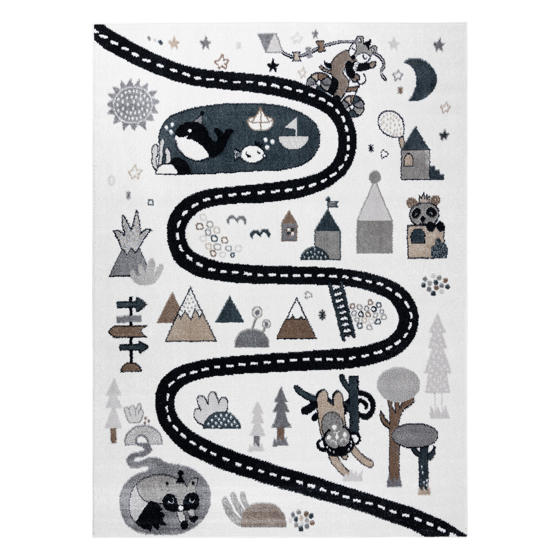 Dywan FUN Route dla dzieci, ulica, zwierzęta krem biały 280x370 cm