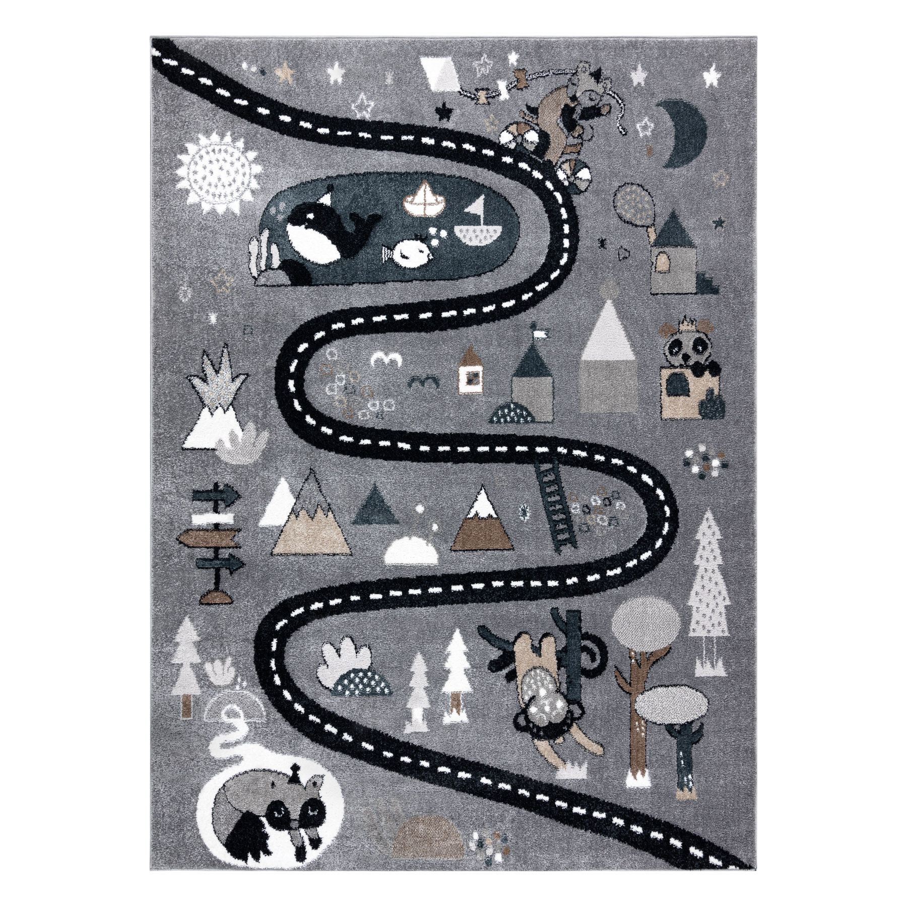 Dywan FUN Route dla dzieci, ulica, zwierzęta szary 200x290 cm