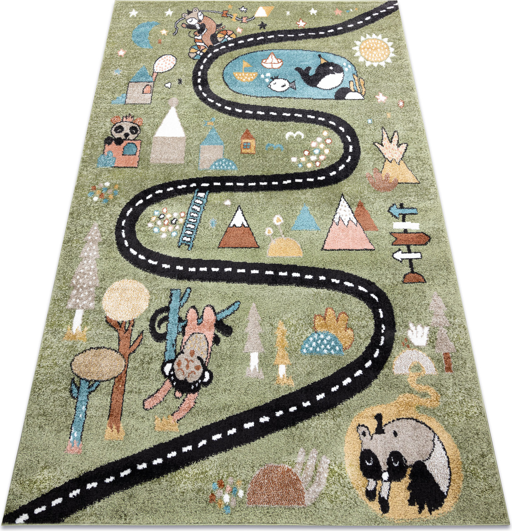 Dywan FUN Route dla dzieci, ulica, zwierzęta zielony 160x220 cm