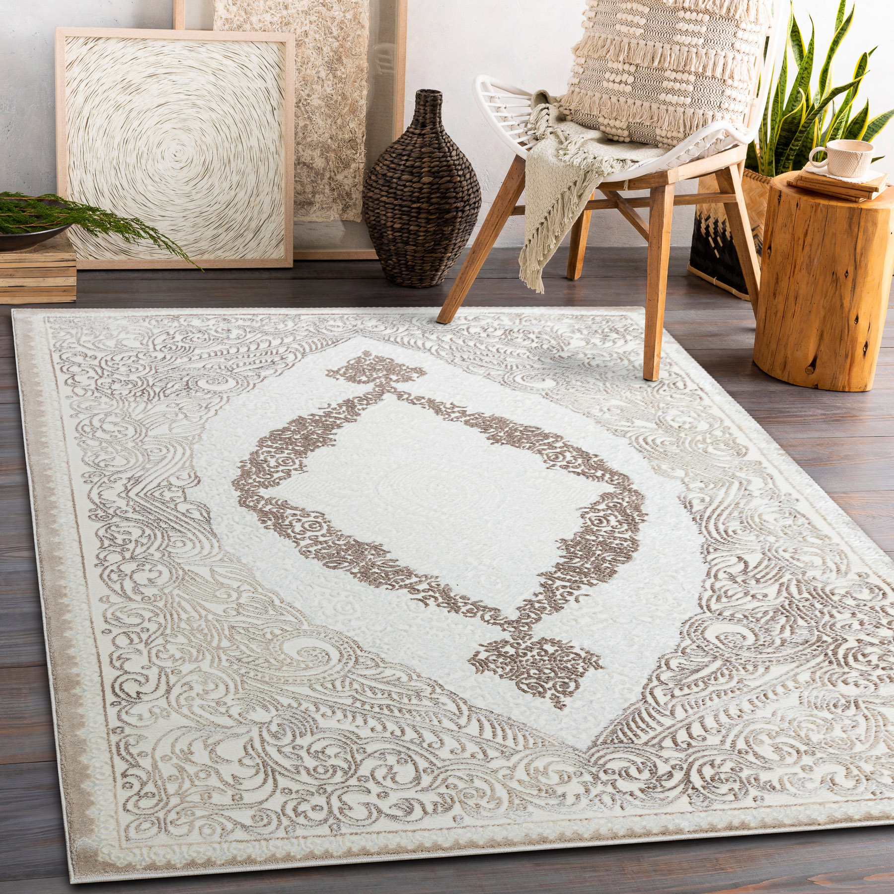 Dywan CORE 8111 Ornament Vintage - Strukturalny, dwa poziomy runa, beż beżowy 120x170 cm