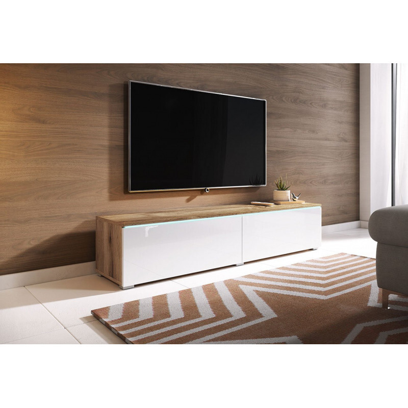 Szafka pod telewizor z oświetleniem LED 140 cm WILLA D – dąb wotan/biały połysk
